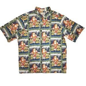 VTG Reyn Spooner Guy Buffet 1998 Santa & Elves Christmas Hawaiian Blue Shirt XL